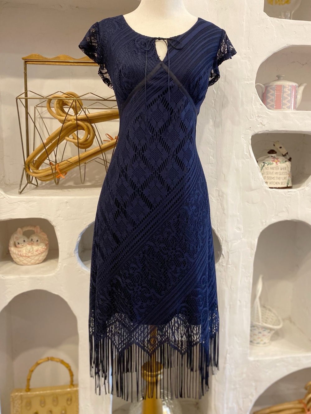 2000s Vintage Navy 20s Gatsby Inspired Lace Dress with Fringe and Split Neckline